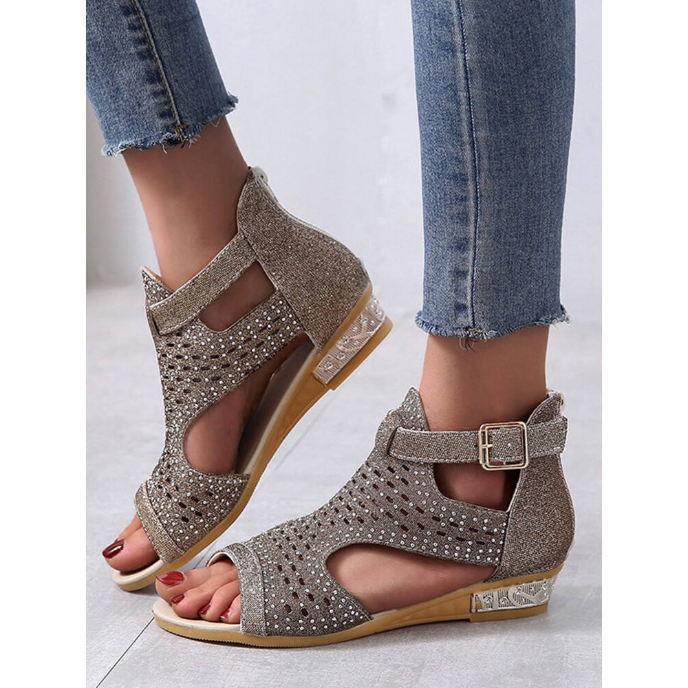 Plus Size Women Back-zip Soft Comfy Breathable Hollow Rhinestone Embellished Flat Sandals Plus Size Women Back-zip Soft Comfy Breathable Hollow Rhinestone Embellished Flat Sandals